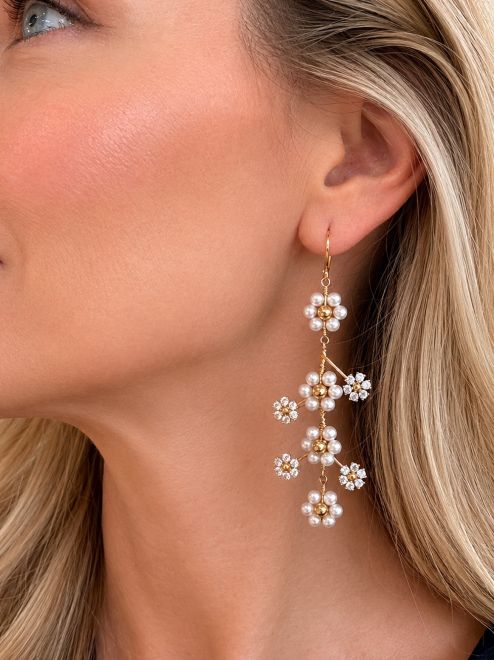 Nadri AJOA Gold-tone Floral Pearl CZ Statement Earrings Exquisitely Made Design
